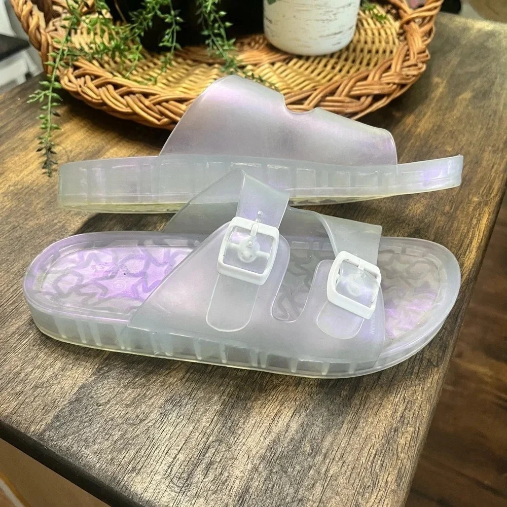 Wonder Nation Sz 6 Clear Iridescent Jelly Beach Sandals Slides White Buckle Y2K - Picture 3 of 4